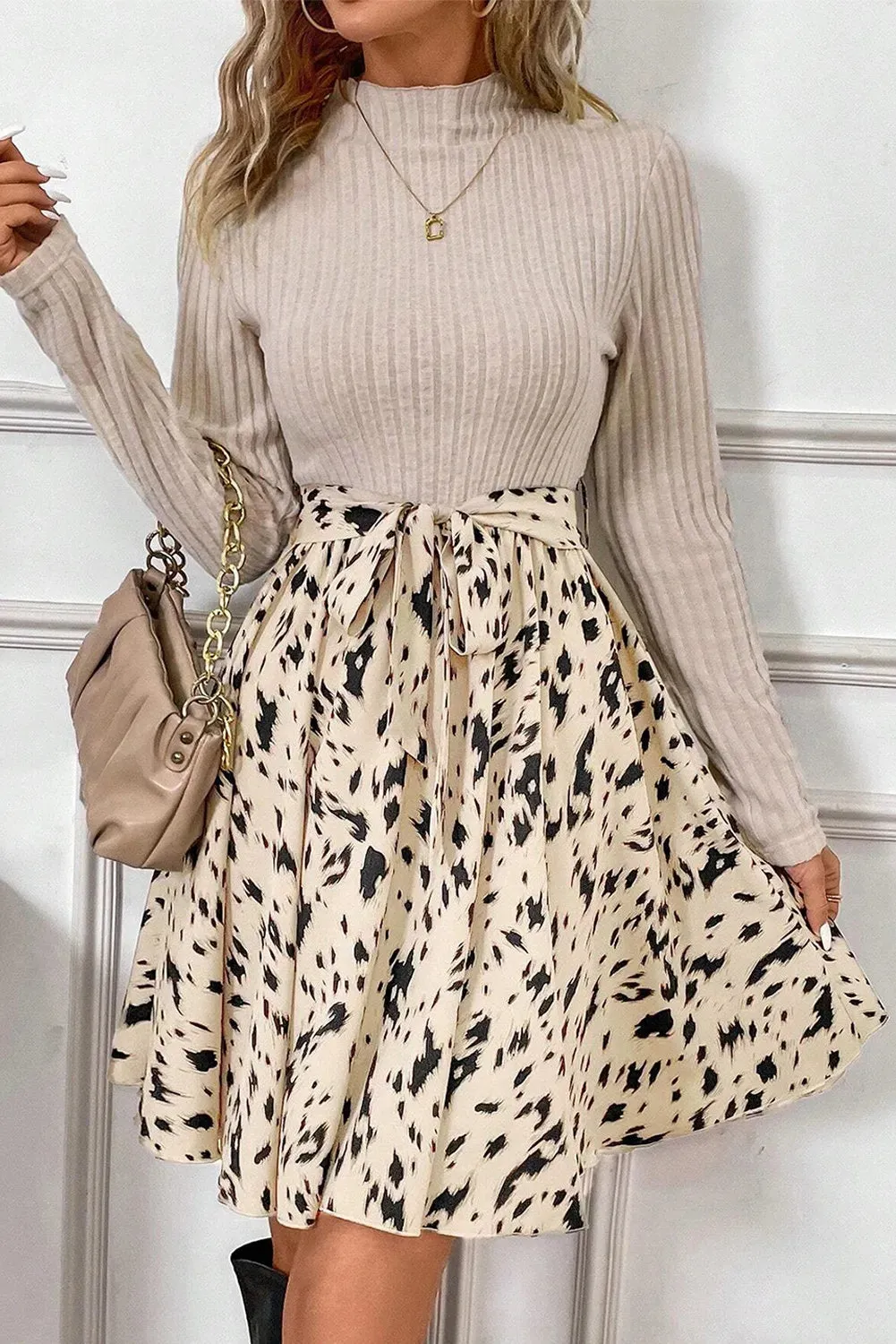 Tied Printed Mock Neck Long Sleeve Dress | Fall Dresses | Casual Dresses