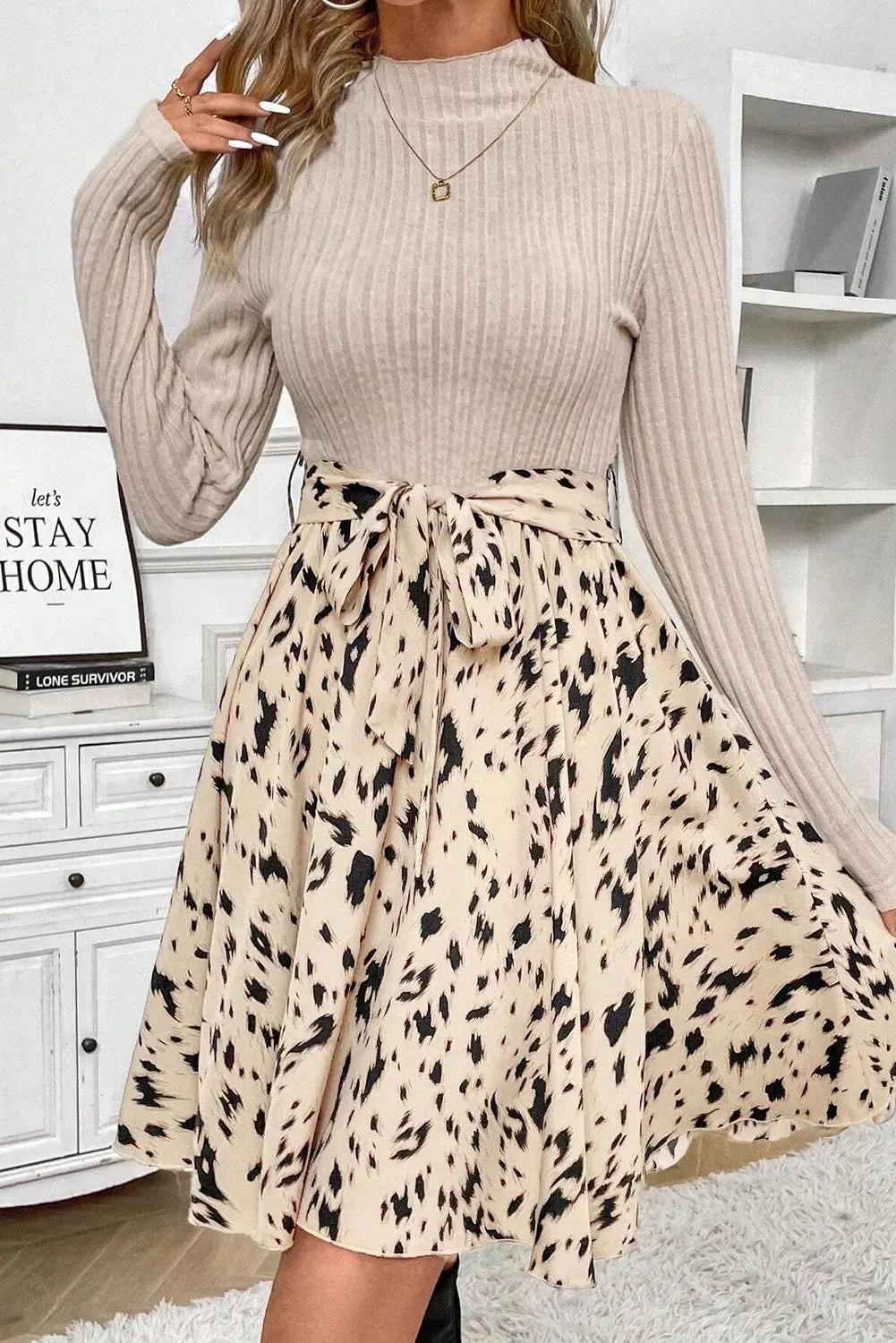 Tied Printed Mock Neck Long Sleeve Dress | Fall Dresses | Casual Dresses