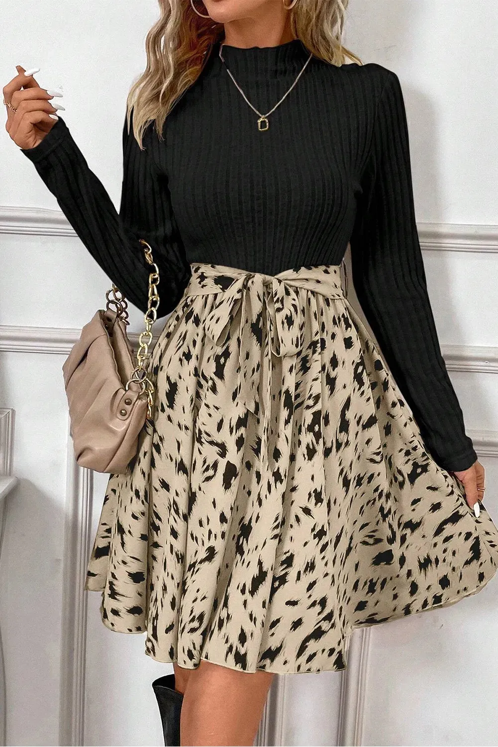 Tied Printed Mock Neck Long Sleeve Dress | Fall Dresses | Casual Dresses