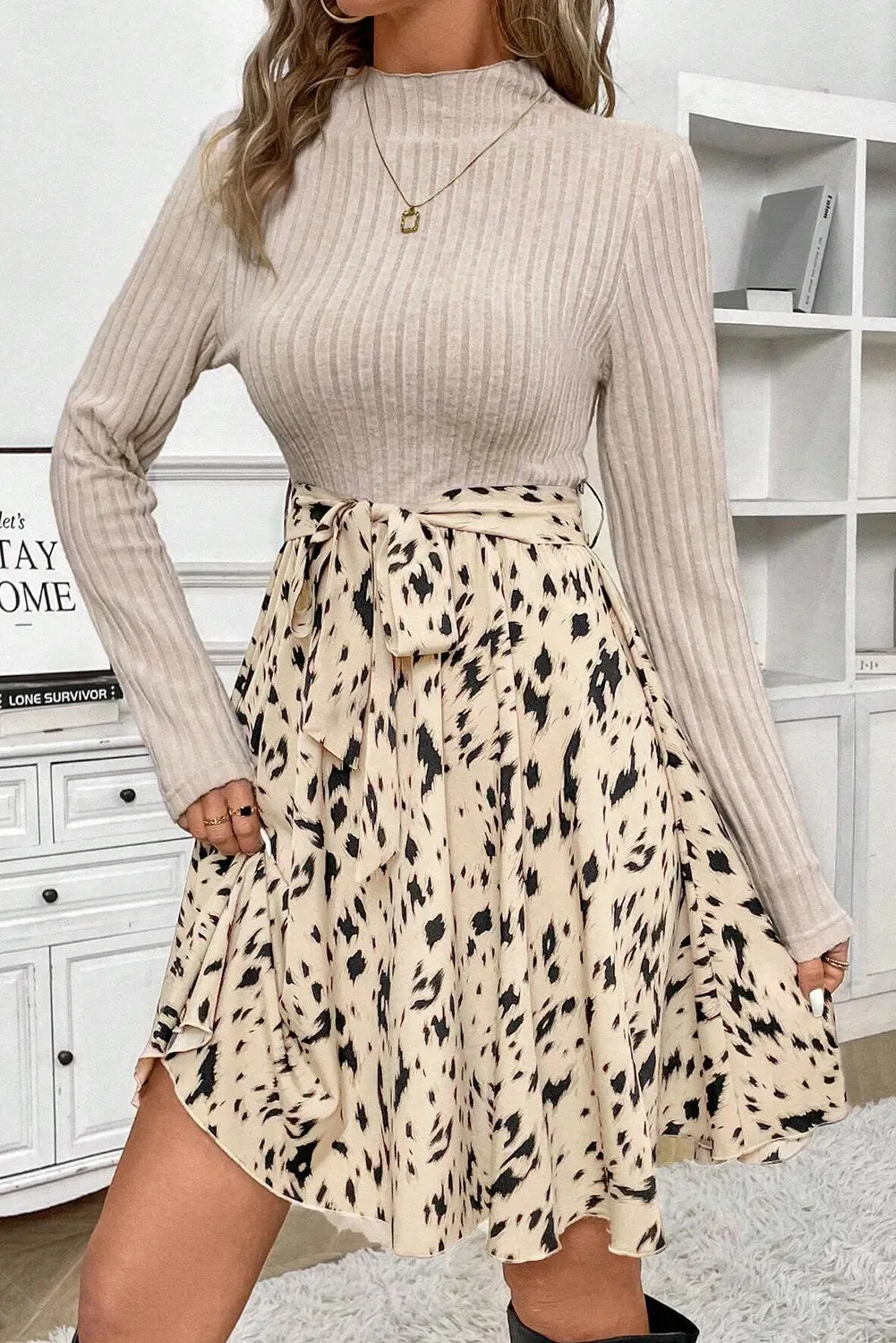 Tied Printed Mock Neck Long Sleeve Dress | Fall Dresses | Casual Dresses