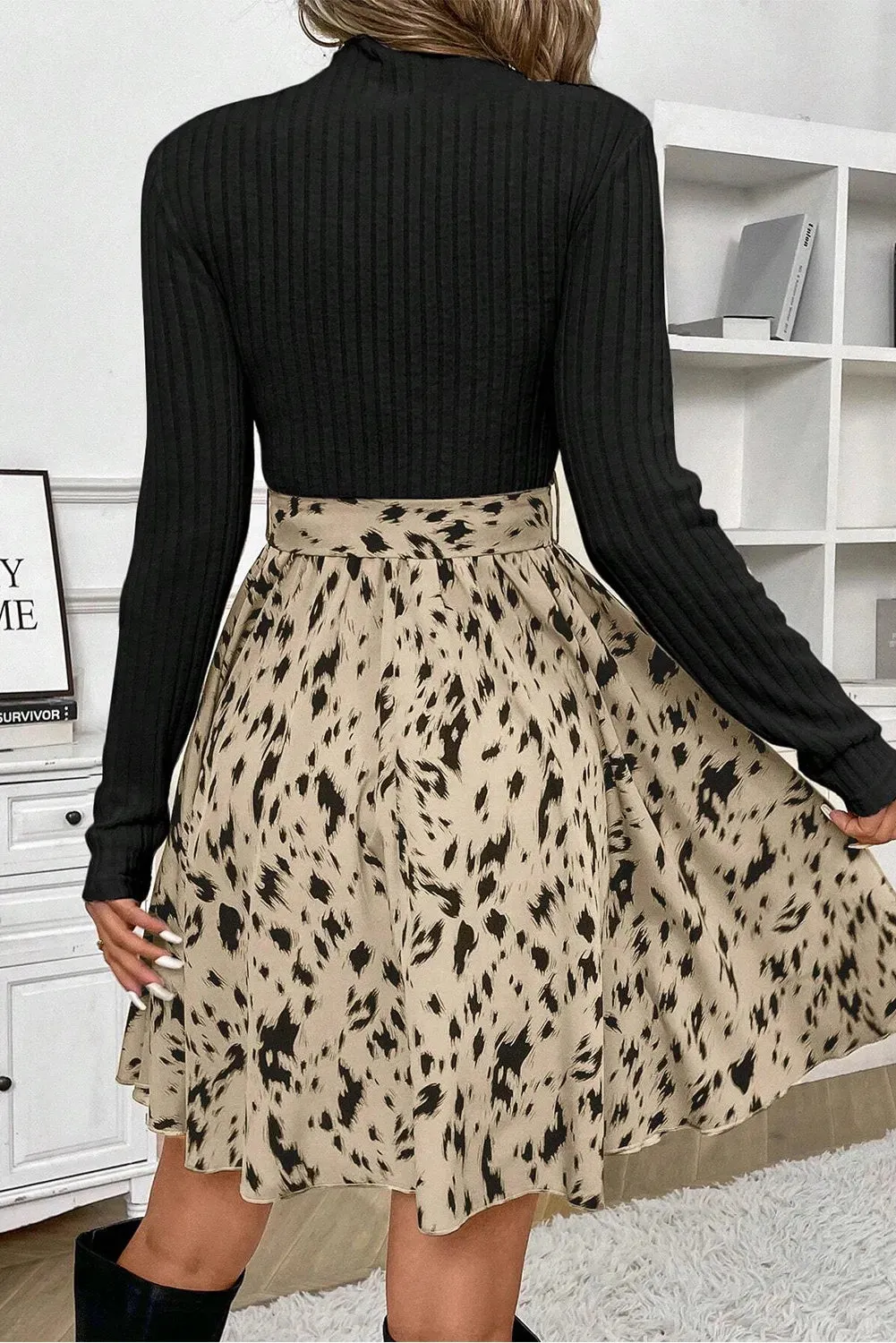 Tied Printed Mock Neck Long Sleeve Dress | Fall Dresses | Casual Dresses