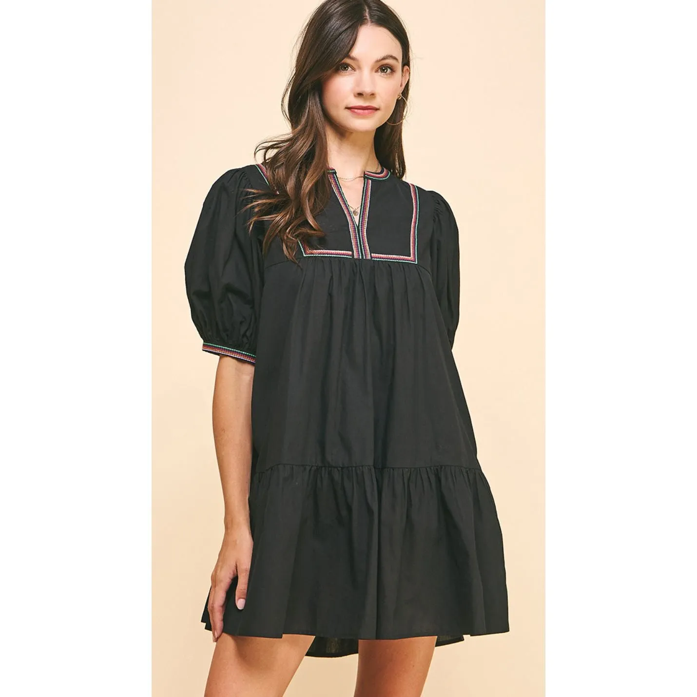 Vera Black Tape Trim Detail Mini PINCH Dress