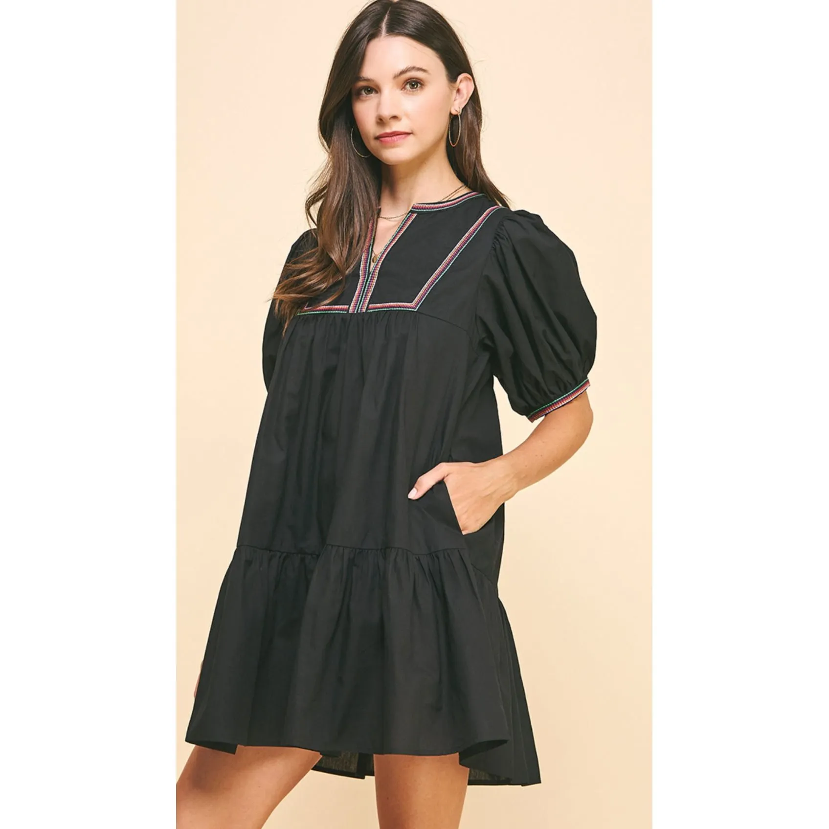 Vera Black Tape Trim Detail Mini PINCH Dress