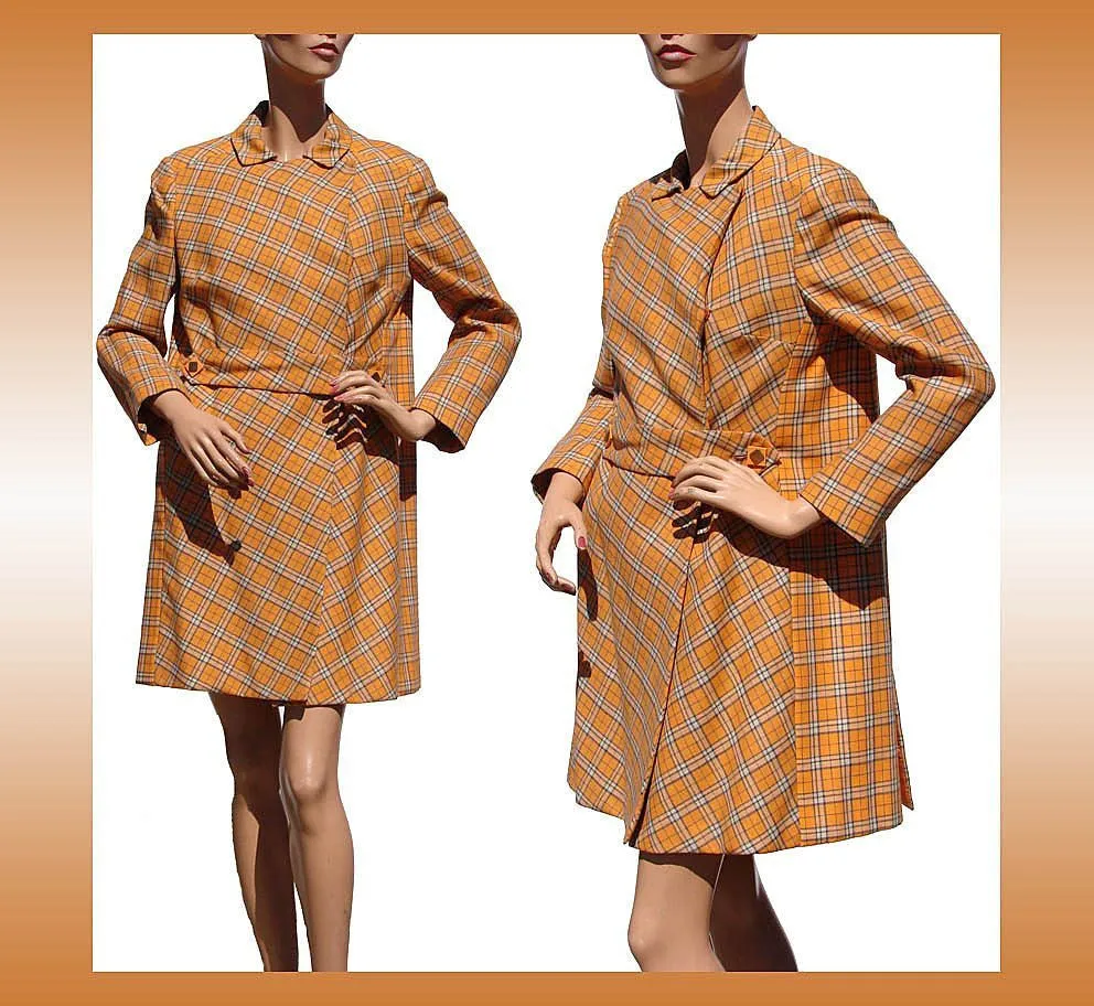 Vintage 1960s Mod Orange Wool Plaid Coat - Brioni - Couture