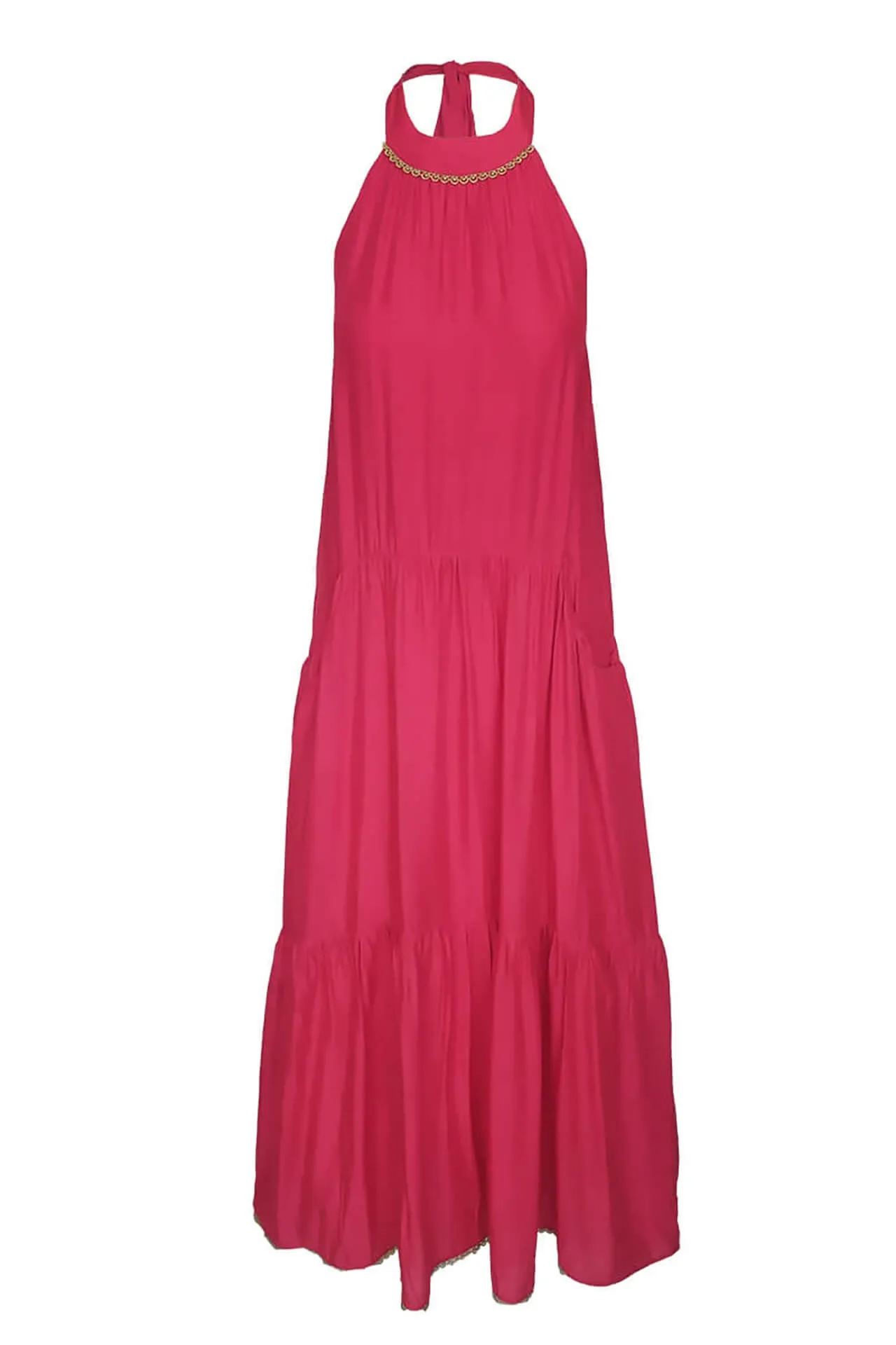 Voile Viscose Maxi Halter Neck Dress Magenta