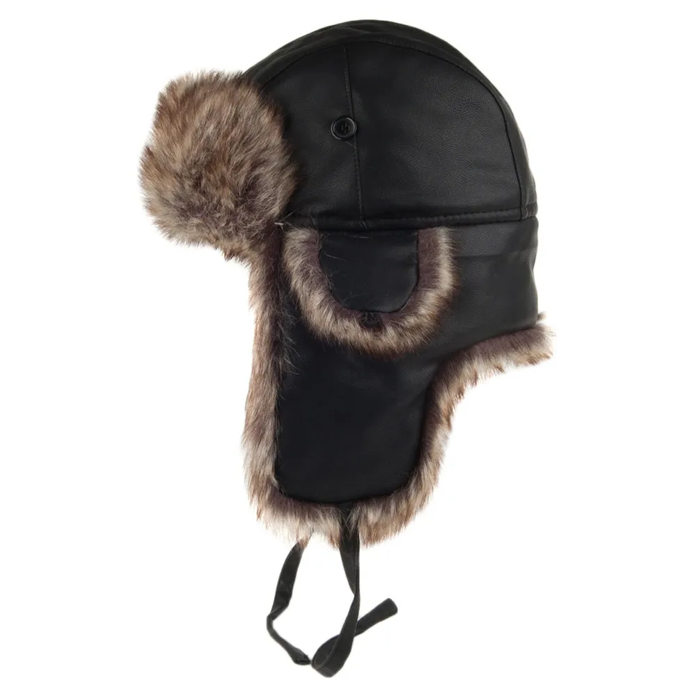 Washed Faux Leather Trapper Hat Black Wholesale Pack