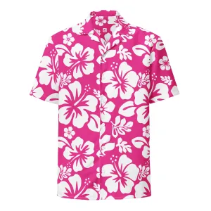 White and Hot Pink Hawaiian Print Aloha Shirt