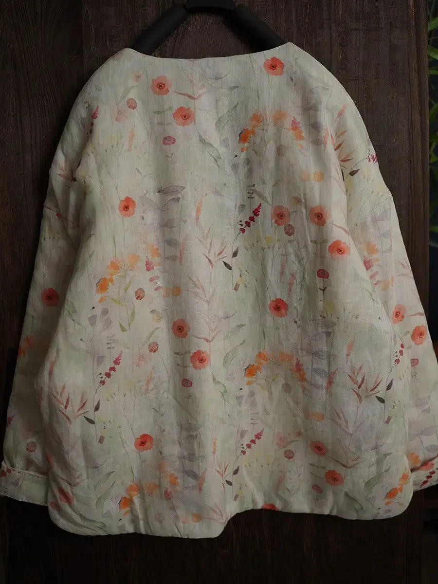 Women Floral Print Ramie Padded Coat