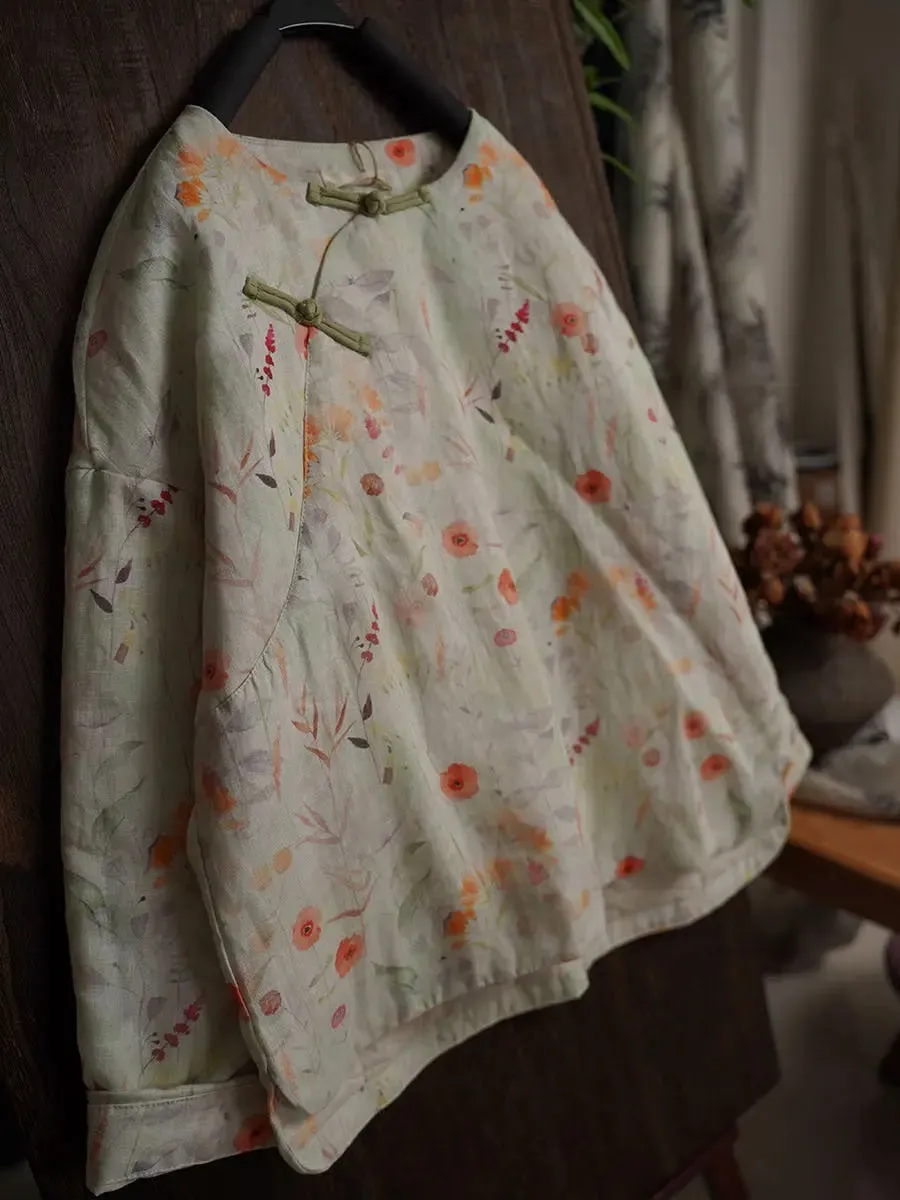 Women Floral Print Ramie Padded Coat