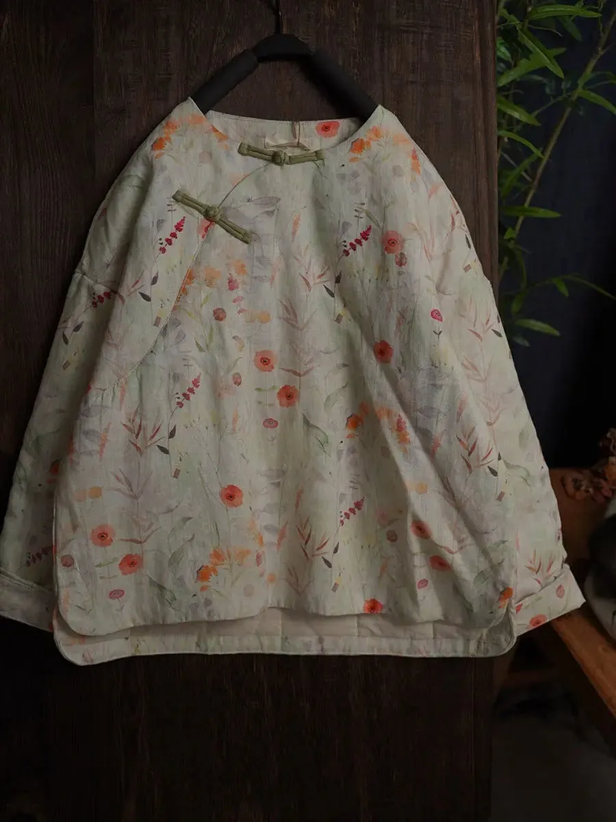 Women Floral Print Ramie Padded Coat