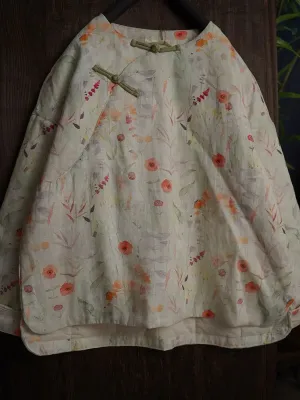 Women Floral Print Ramie Padded Coat