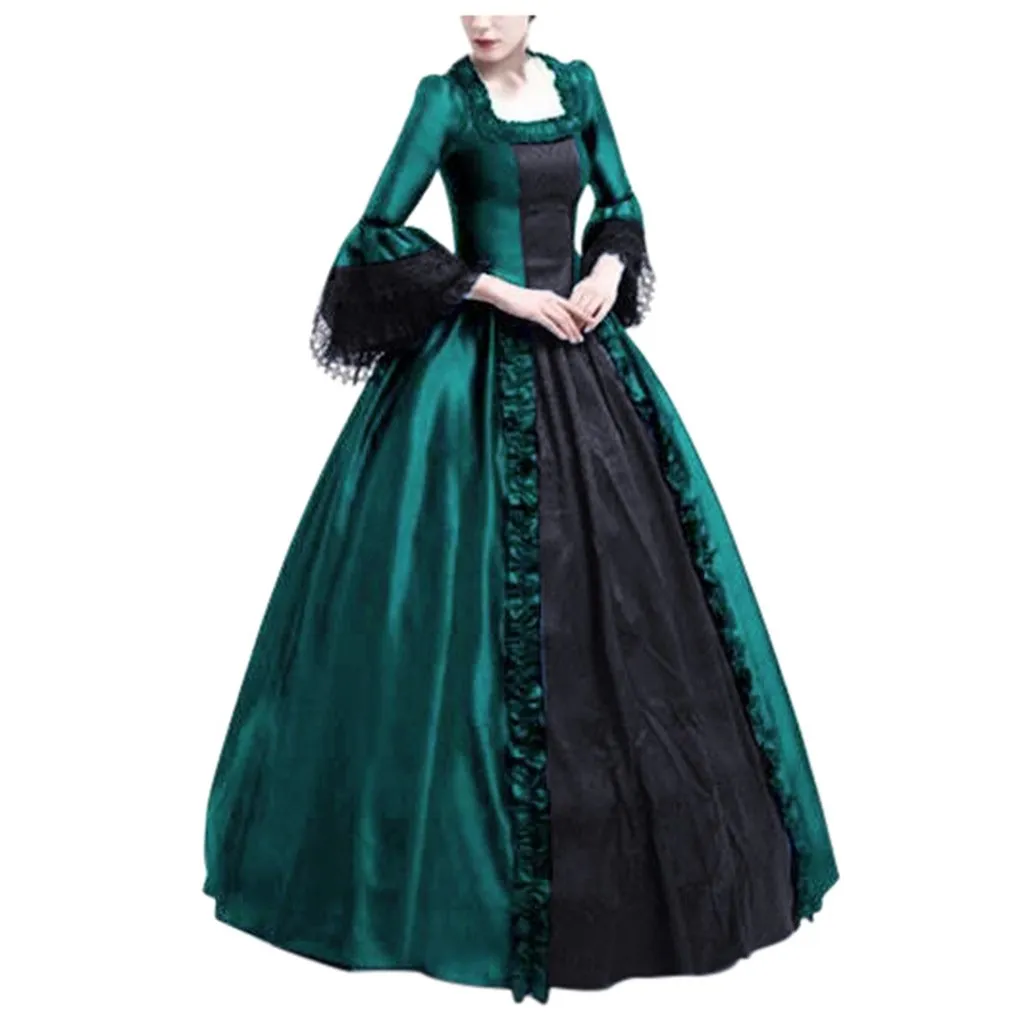 Women maxi color block lace flare sleeve court party dresses