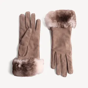 Women's Leather Suede Gloves with Rabbit Fur Trim - Cream