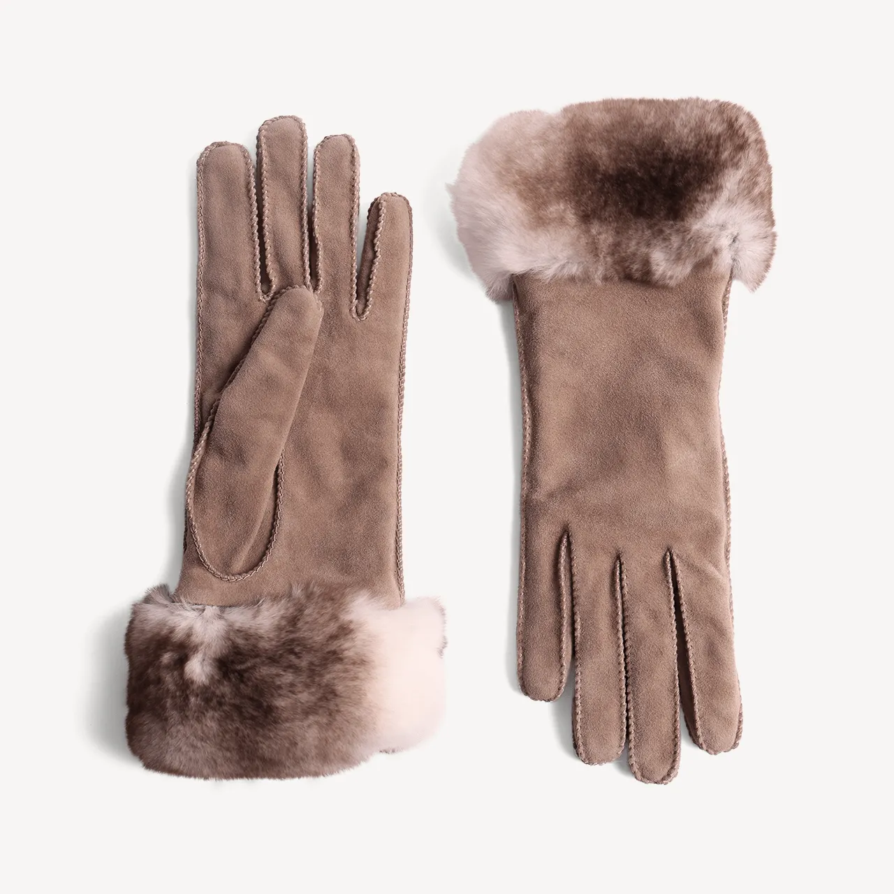 Women's Leather Suede Gloves with Rabbit Fur Trim - Cream