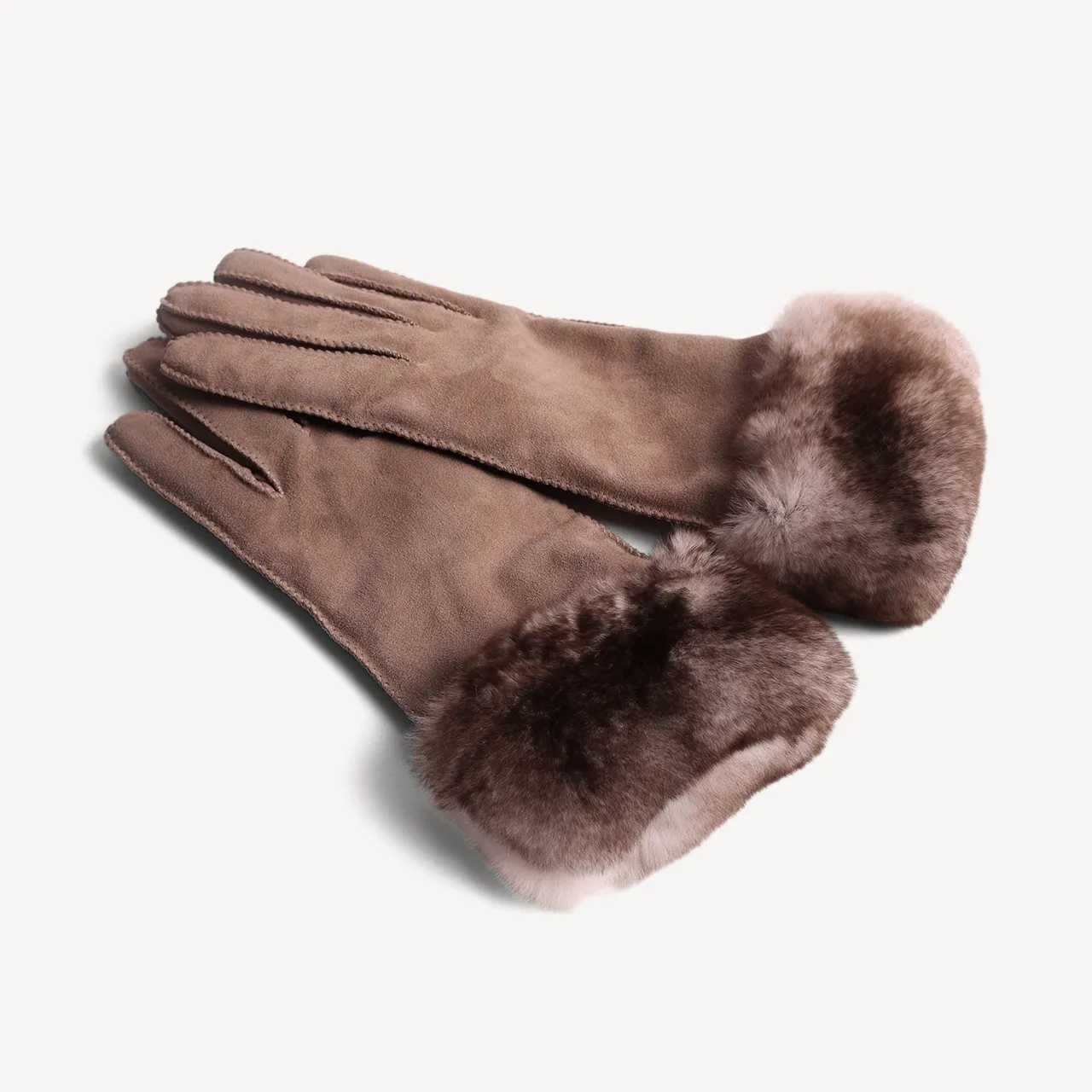 Women's Leather Suede Gloves with Rabbit Fur Trim - Cream