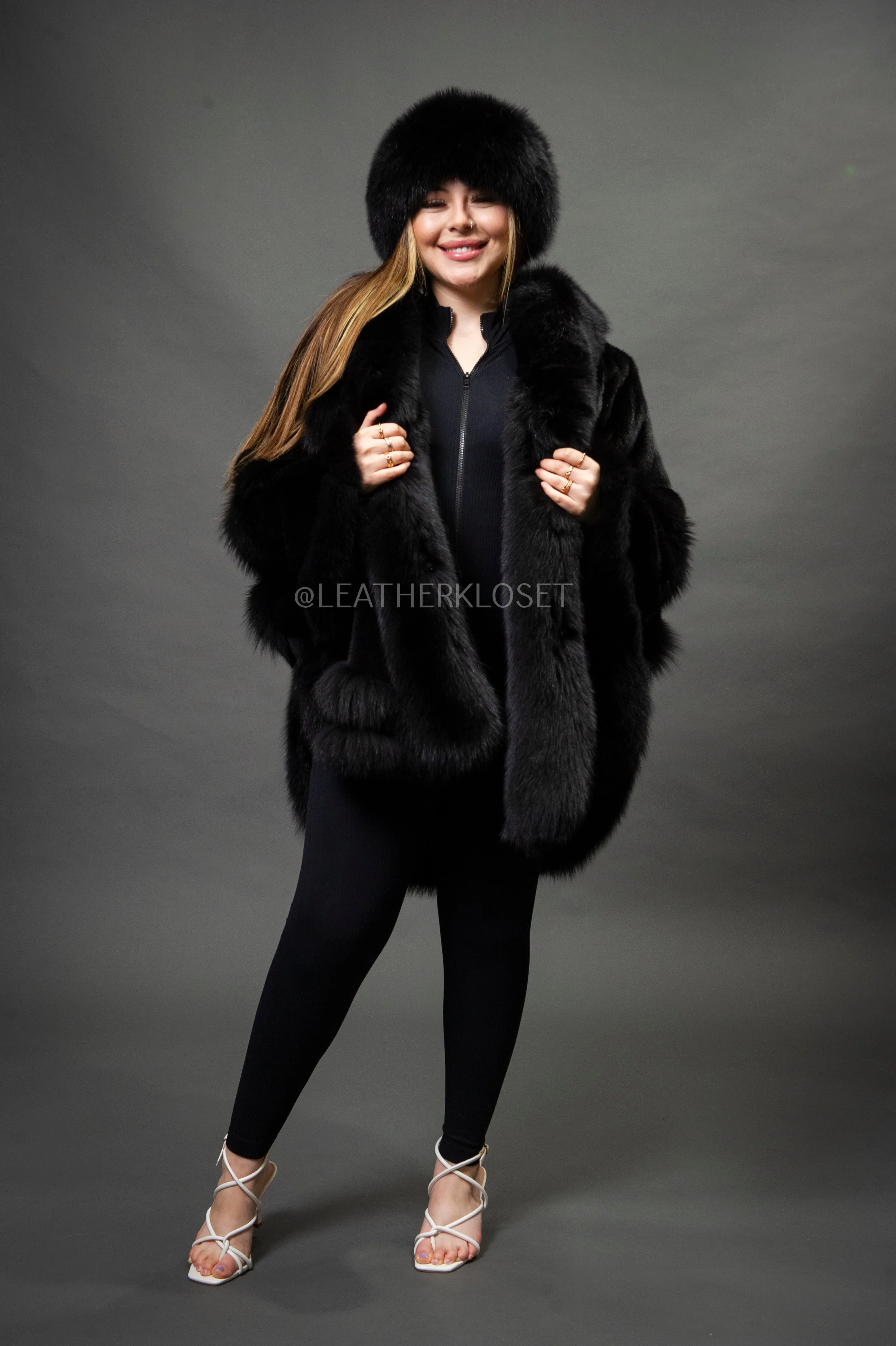 Women's Mink Poncho With Matching Headband [Black]