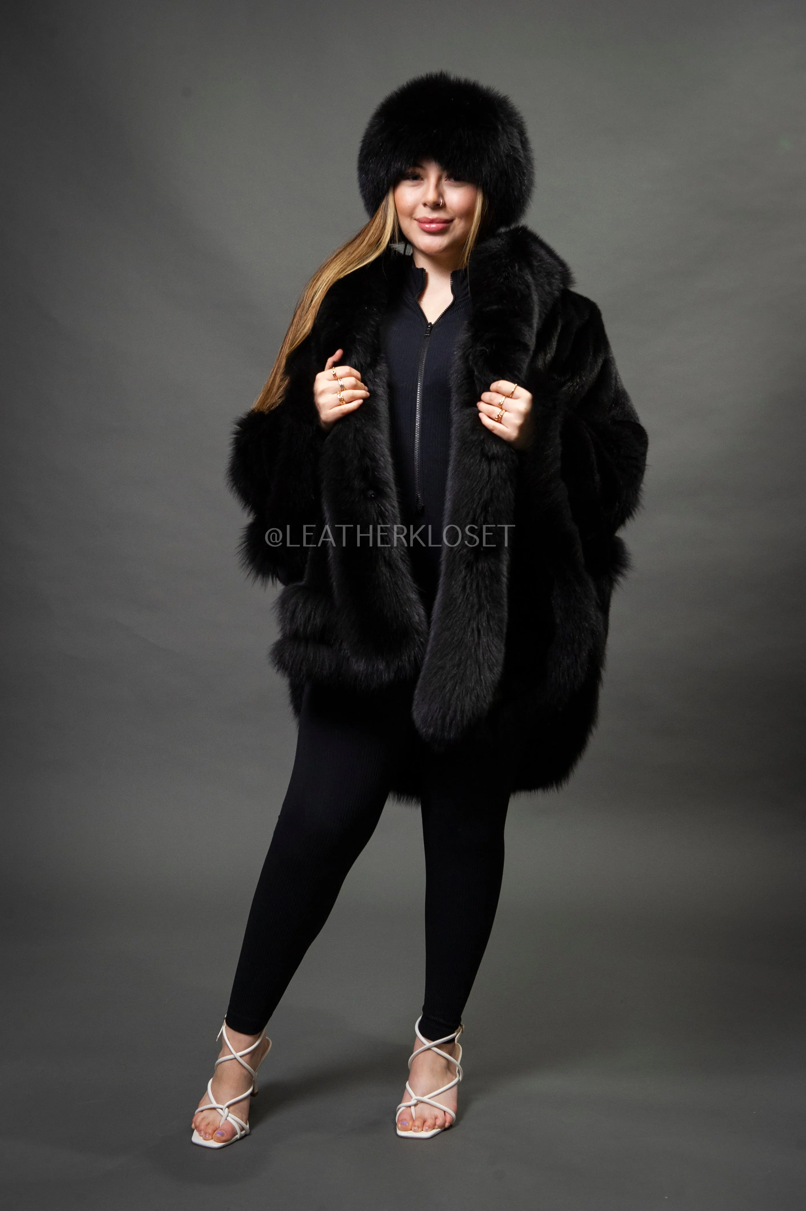 Women's Mink Poncho With Matching Headband [Black]