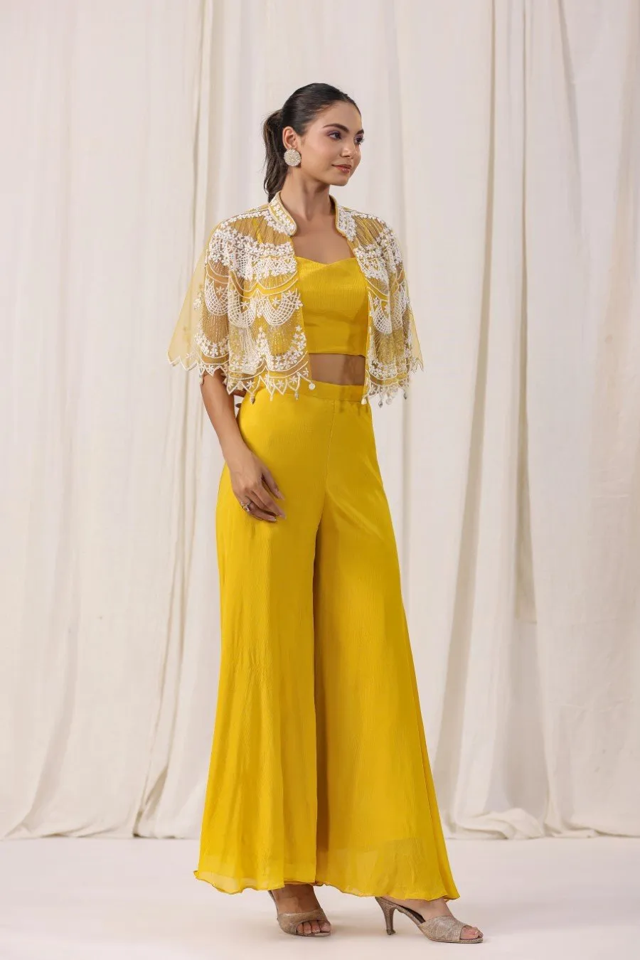 Yellow Embellished Cape with Crop Top & Palazzo